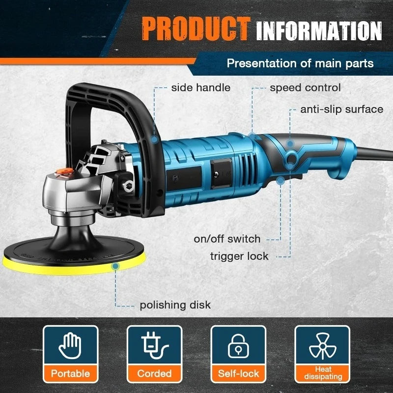 1600W Rotary Buffer Polisher, 7-Inch Variable Speed 1000-3500RPM