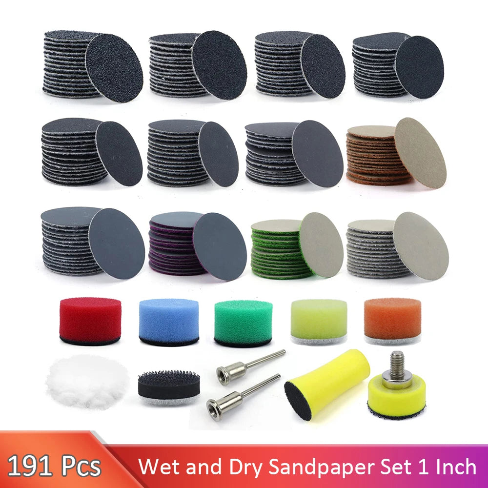 191 PCS Sanding Discs Hook and Loop Wet Dry Sandpaper 1 Inch 25mm with 3mm Shank Backing Pad Polishing Pads and Interface Pad